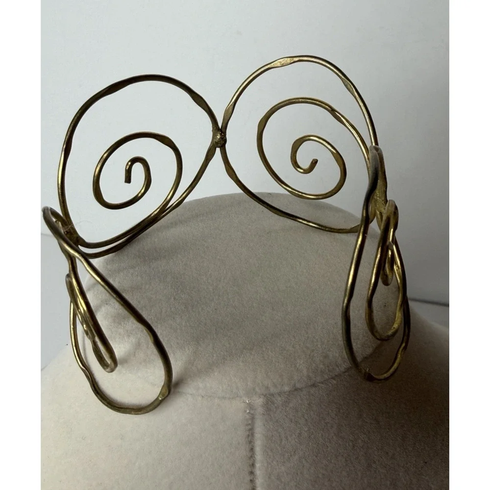 Handcrafted Brass Cuff Bracelet Artisan Abstract Wire Wrapped Scroll Minimalist